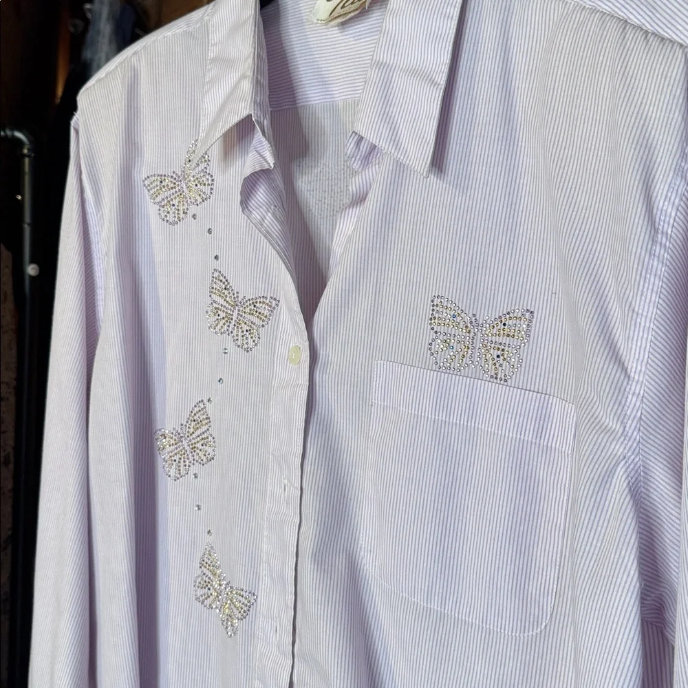Tia Designs Lavender Stripe Button-Down Shirt with Rhinestone Butterfly Accents - Picture 2 of 8